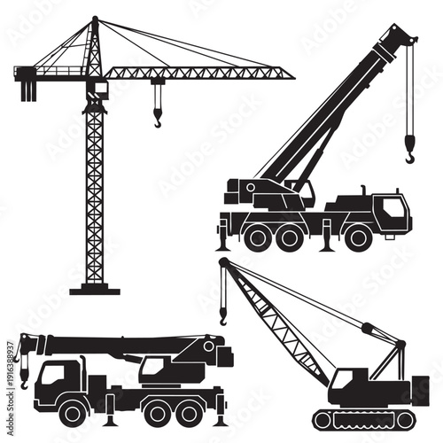 Vector silhouette set of four heavy construction cranes: a tall tower crane, a large truck-mounted mobile crane, a smaller truck crane, and a tracked crawler crane
