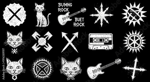 punk rock symbols, cats, guitars, cassette tape, grunge style, black background