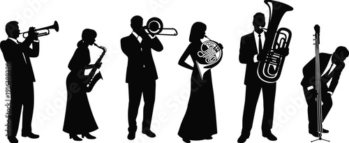 Professional orchestra jazz musicians silhouettes set, trumpet, saxophone, trombone, french horn, tuba, and double bass performers icons for music concert design,