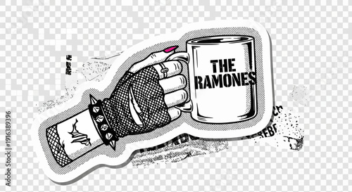 punk rock hand holding mug with the ramones logo