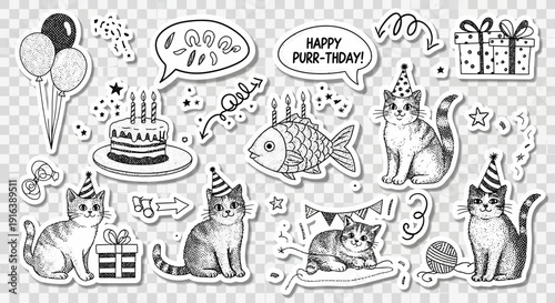 Birthday cat stickers set, party decorations, doodle style