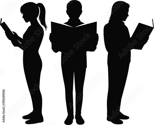 Professional people reading books silhouettes set, standing male and female readers profile icons for library, education, literature, and academic study design,