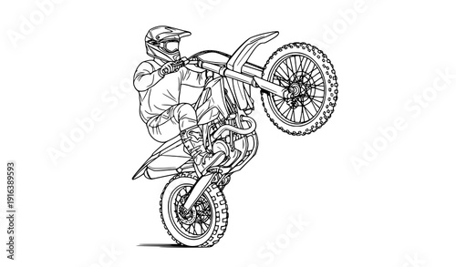 Dynamic Motocross Wheelie Trick Perspective Outline Line Art Vector
