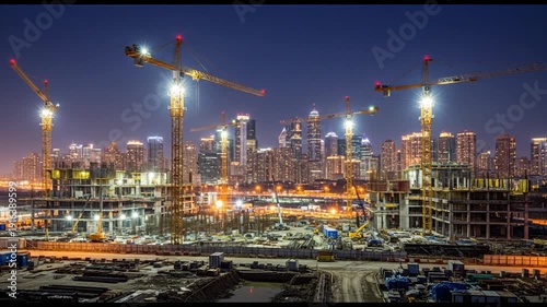 Illuminated Urban Construction Site with Tower Cranes Against Modern City Skyline at Dusk Showcasing Rapid Development and Architectural Progression