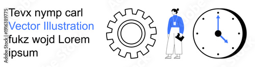 Time management, workflow automation, business efficiency, human resources, scheduling, productivity. Stylized gear, person with document clock. Time management and workflow automation concept