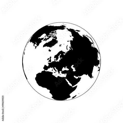 Black and white illustration of the Earth from space focusing on Europe and Africa.