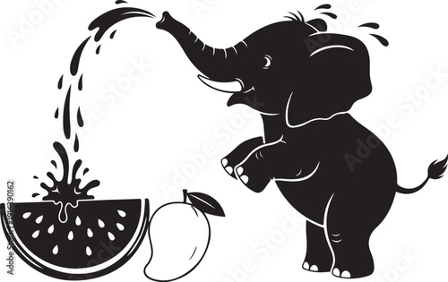 A black and white image of an elephant spraying water on a watermelon and a peach Vector, illustration