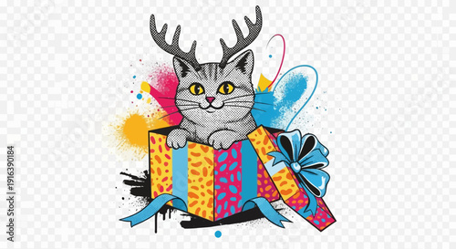 Cat in gift box with antlers, christmas illustration