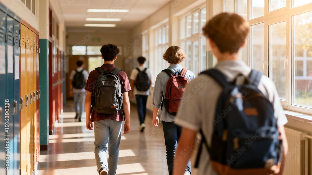 Obraz premium Students walking in school hallway
