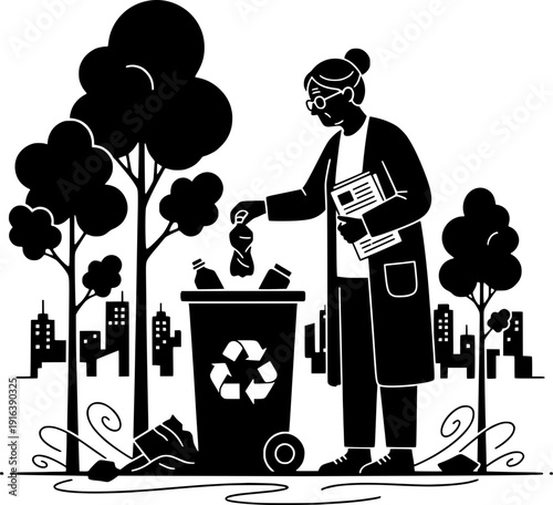 Senior woman recycling plastic bottles in a city park, sustainable lifestyle and environmental protection vector illustration.