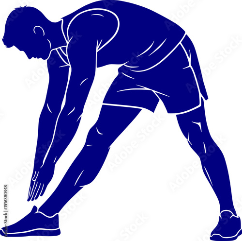 Blue silhouette of a man stretching his hamstrings and touching his toes, male athlete warming up before workout.