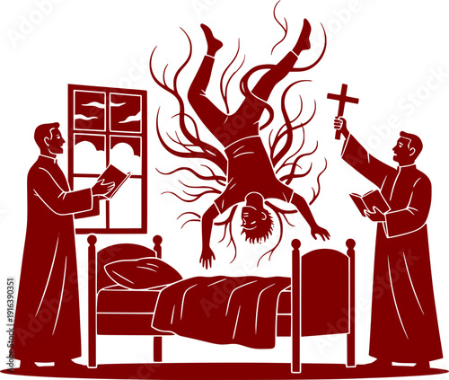 Dramatic exorcism scene with priests performing a ritual on a levitating possessed man, religious mystery and paranormal activity vector illustration.
