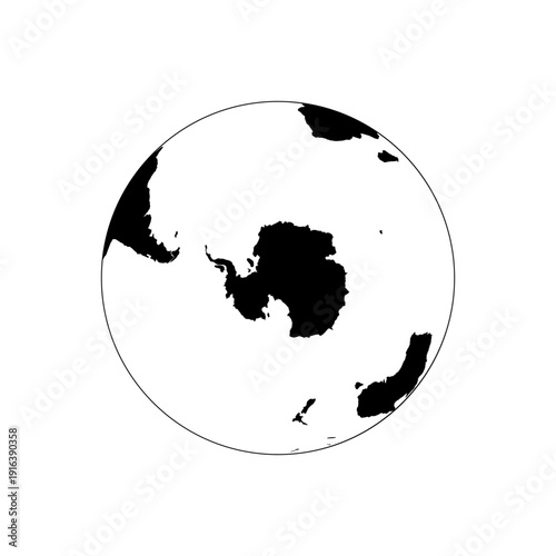 Black and white map of Antarctica on a globe.