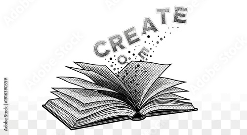 creative book illustration, open pages with create text