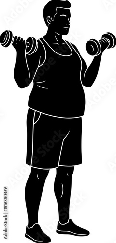 Silhouette of an overweight man lifting dumbbells, concept of weight loss journey and fitness training.