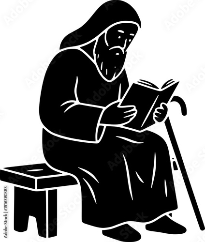 Silhouette of an elderly bearded man with a walking stick sitting on a bench and reading a book, concept of wisdom and lifelong learning.