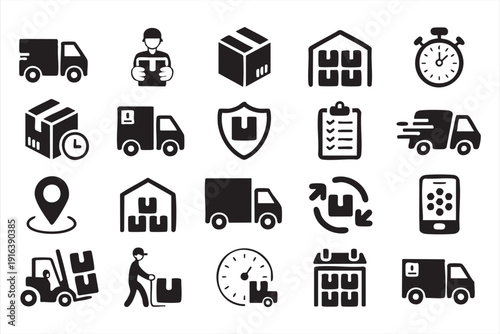Black Logistics and Shipping Icons for Ecommerce and Supply Chain