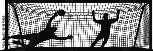 Professional soccer goalkeeper silhouettes set, football player saving ball in goal net, athletic competition and sports match performance icon,