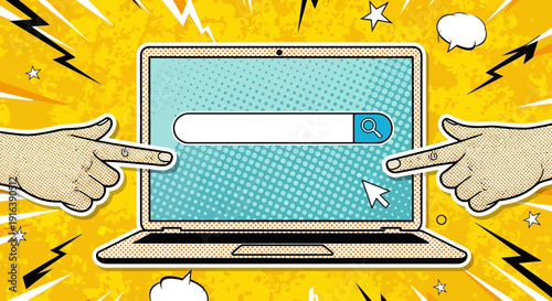 laptop search bar concept, fingers pointing, comic style
