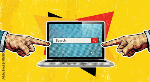 hands pointing at laptop search bar, online information