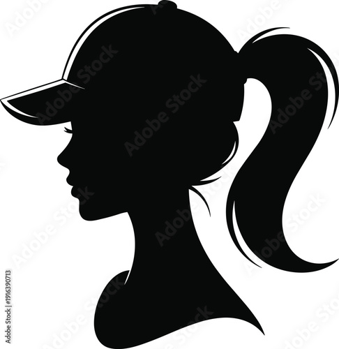 Professional sporty young woman silhouette profile wearing baseball cap and ponytail, female athlete icon for fitness health and active lifestyle design,