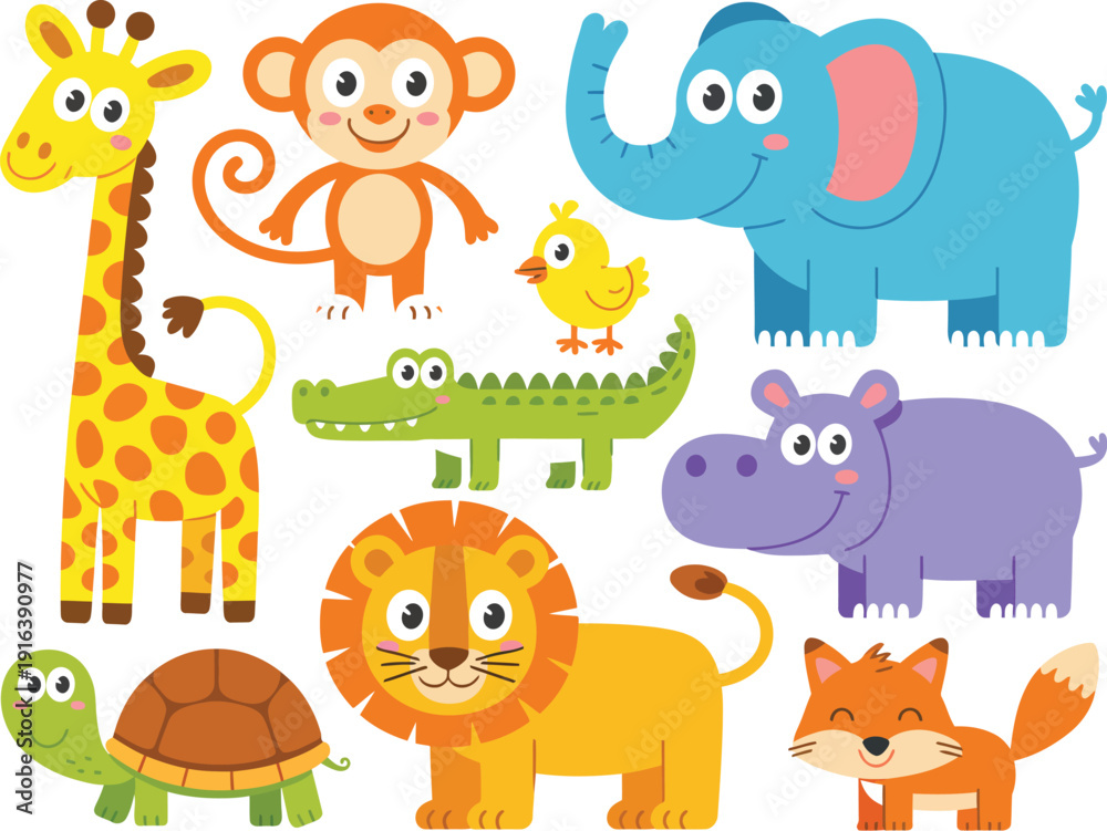 Naklejka premium Colorful cartoon animals including giraffe monkey elephant crocodile chick turtle lion hippo fox