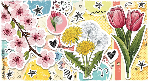 floral spring sticker set, flowers, dandelions, tulips, cherry blossoms