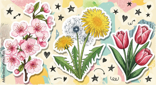 floral sticker set, spring flowers, cherry blossoms, dandelion, tulips