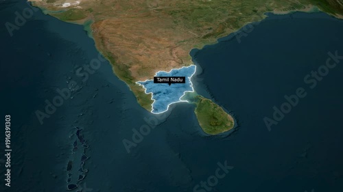 Satellite map animation highlighting state of Tamil Nadu in India with blue glow outline and label