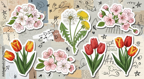 floral sticker set, spring flowers, tulips, cherry blossoms, botanical illustration