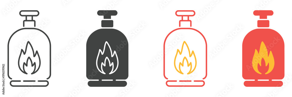 Obraz premium Cooking gas cylinder icon set, gas tank icon set, fuel canister pictogram, modern vector illustration for kitchen, camping, and energy applications