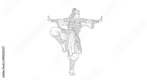 Martial Artist Warrior Woman Performing Dynamic Kung Fu Stance, Ancient Chinese Warrior
