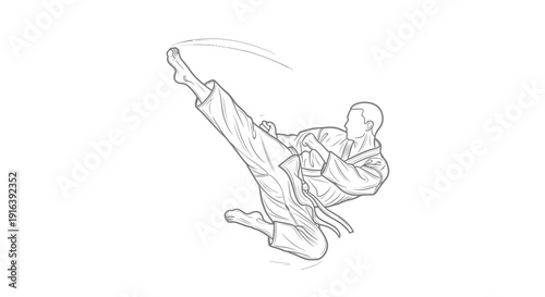 Martial Arts Fighter Performing Dynamic High Kick in Mid-Air, Karate Action Shot