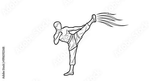 Martial Arts Fighter Performing Dynamic Side Kick with Motion Trails - Black and White Line Art