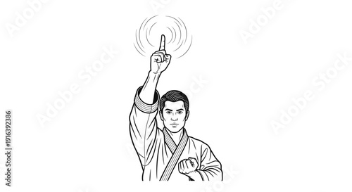 Martial Arts Master Demonstrates Power, Pointing Finger Upwards with Energy Aura