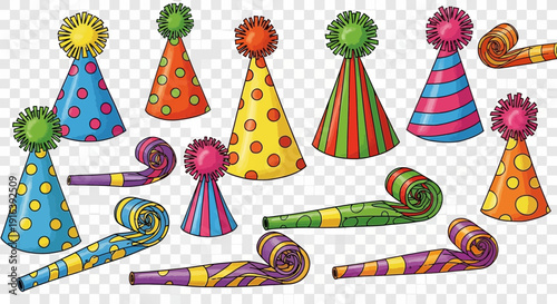 party hats and blowers, festive celebration, colorful decorations