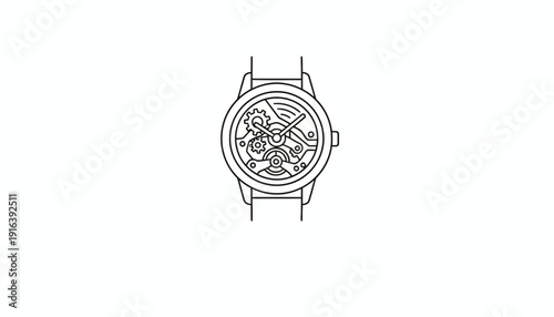Mechanical Watch Movement Illustration - Transparent Dial, Gears and Clockwork