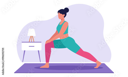 Woman practicing Crescent Lunge yoga pose on mat at home