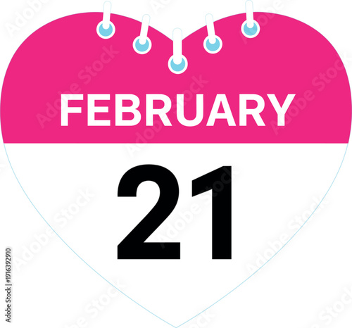 February 21 calendar date in heart shaped page design, romantic monthly planner icon flat vector illustration isolated background