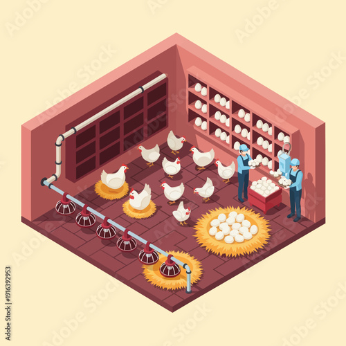 Chicken Farm Poultry House with Workers.