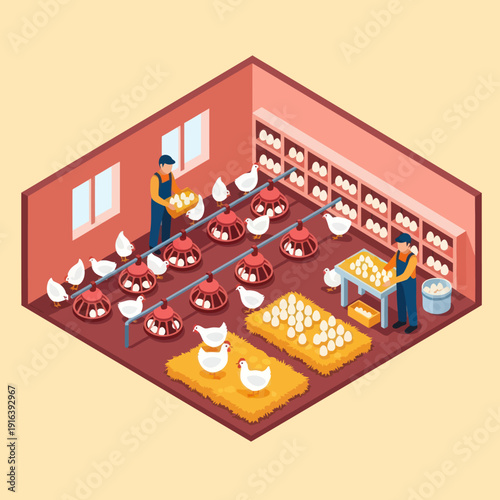 Chicken Farm Interior with Workers and Chickens.