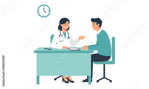 Female Doctor Consulting Male Patient in Medical Office Illustration