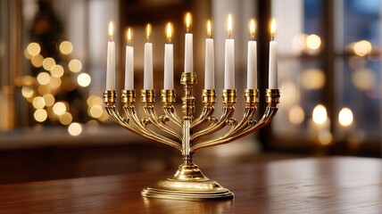 Golden menorah with lit candles celebrating hanukkah festival on wooden bokeh table, lights background