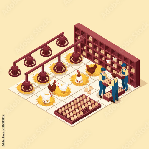 Farmers Collecting Eggs from Chicken Coop.