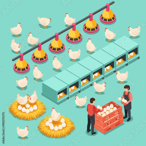 Farmers Collecting Eggs from Chicken Coop.