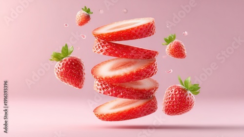 Fresh strawberries falling, creating a dynamic composition on a pink background, symbolizing healthy eating treat sweet