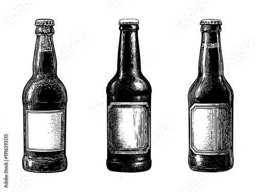 Set of three glass bottles of beer isolated on white background, empty beverage labels mockups set as black and white vector illustration in engraving style