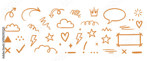 Set of hand drawn doodle elements including hearts, arrows, stars, speech bubble, crown, lightning bolt, cloud, swirl lines