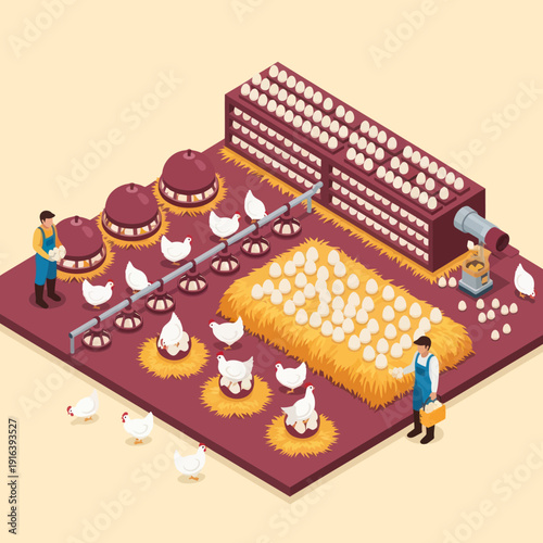 Chicken Farm with Workers and Coops.