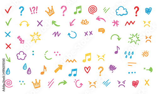 Chalk doodles on blackboard. Spirals, clouds, stars, and arrows. Playful chalk doodles, whimsical designs. Creative chalk doodles, artistic expressions